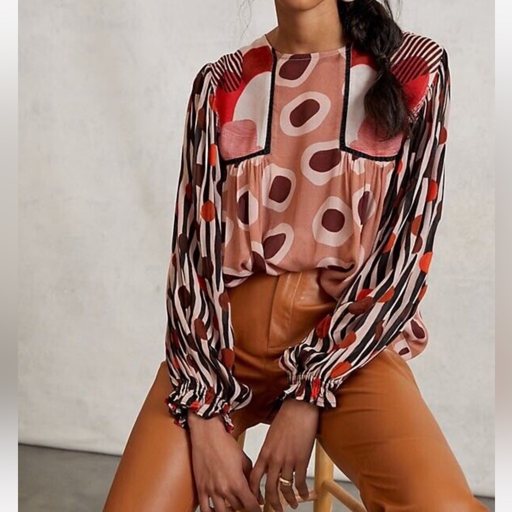 Anthropologie Miranda blnk Geo-Print Long-Sleeve Peasant Blouse